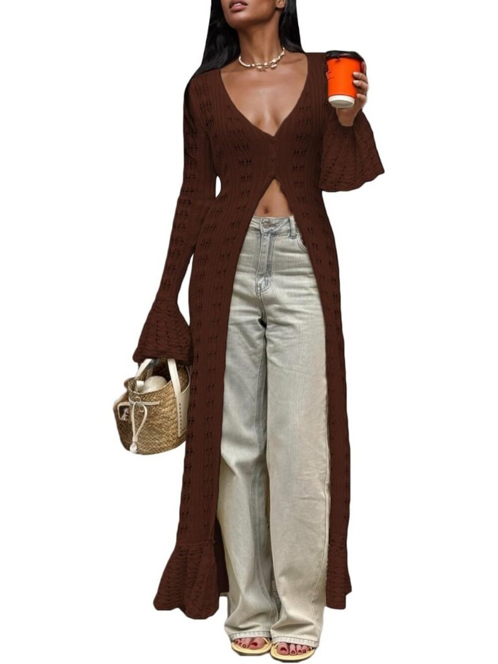Chic Crochet Long Cardigan for Women | Hollow Out Knit Sweater Cover-Up Dress
